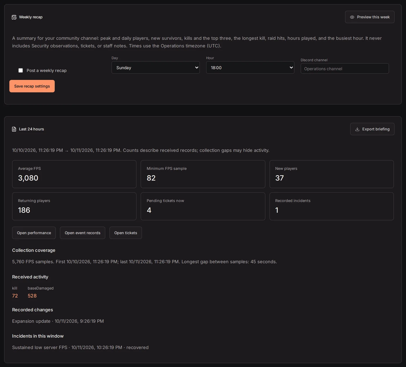 The owner briefing with average FPS, new and returning players, tickets and incidents.