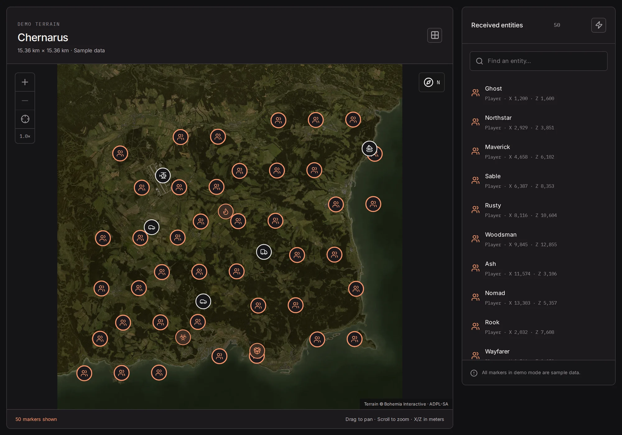 The Highwatch server map of Chernarus with player and vehicle markers, layer toggles and a list of received entities.